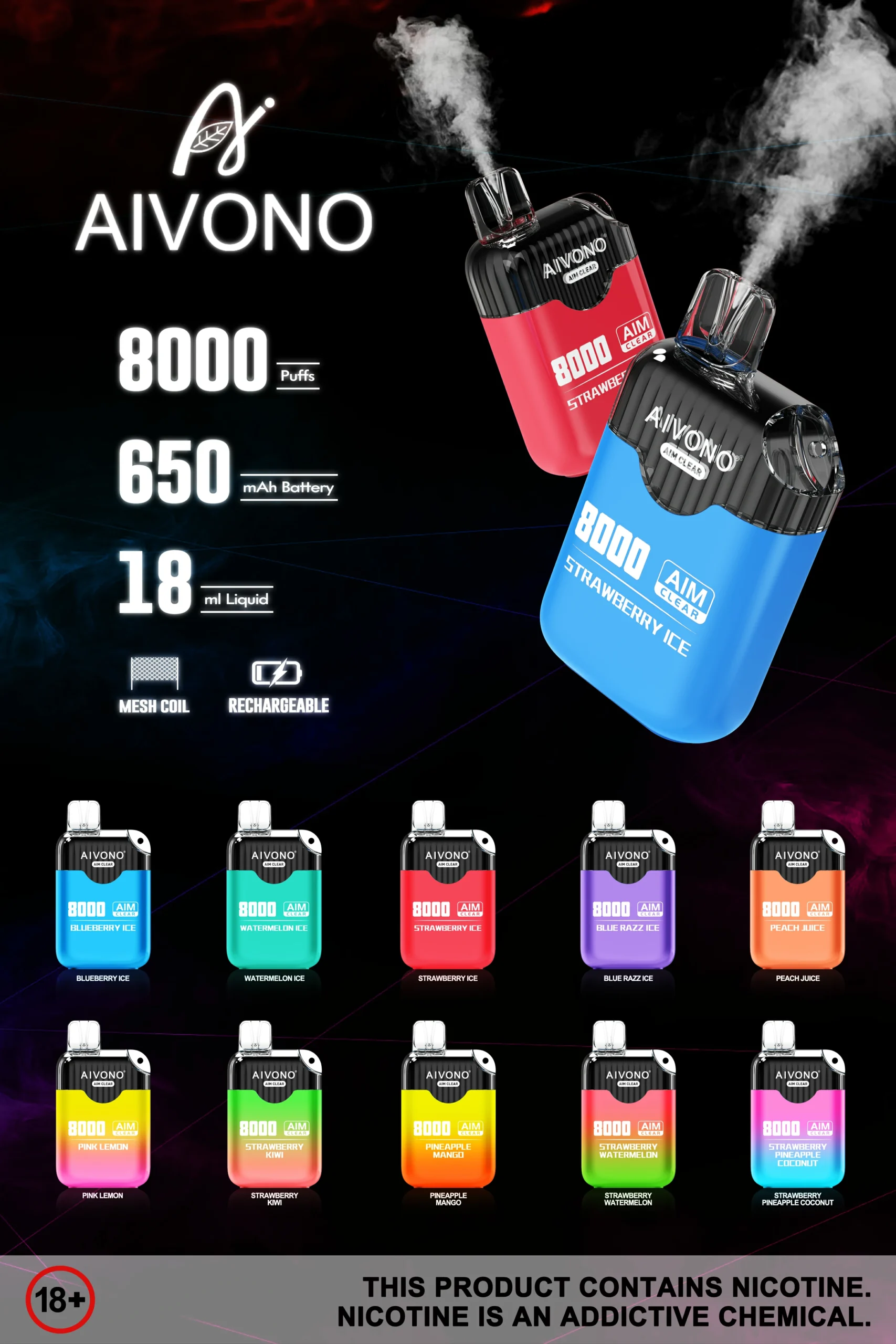 Aivono AIM Clear 8000 Puffs 0% 2% 5% Низкий никотин.