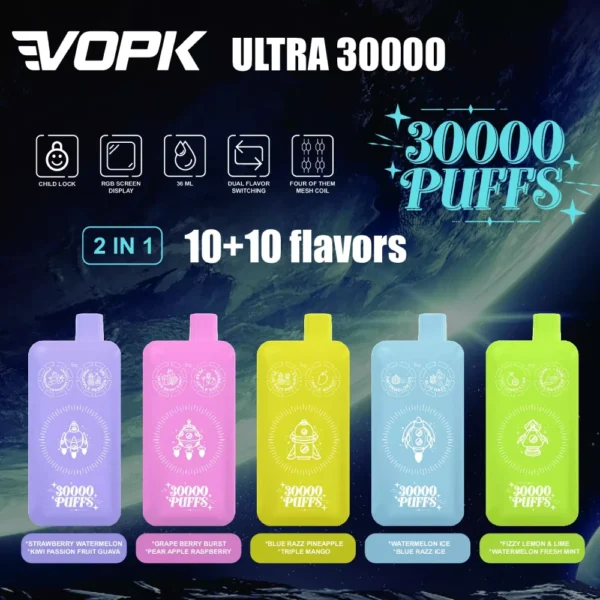 VOPK ULTRA 30000 Puffs Double Flavour Dual Mesh Digital Screen 2% Low Nicotine Rechargeable Disposable Vapes Pen Bulk Buy Wholesale - LOGOVAPE - 1